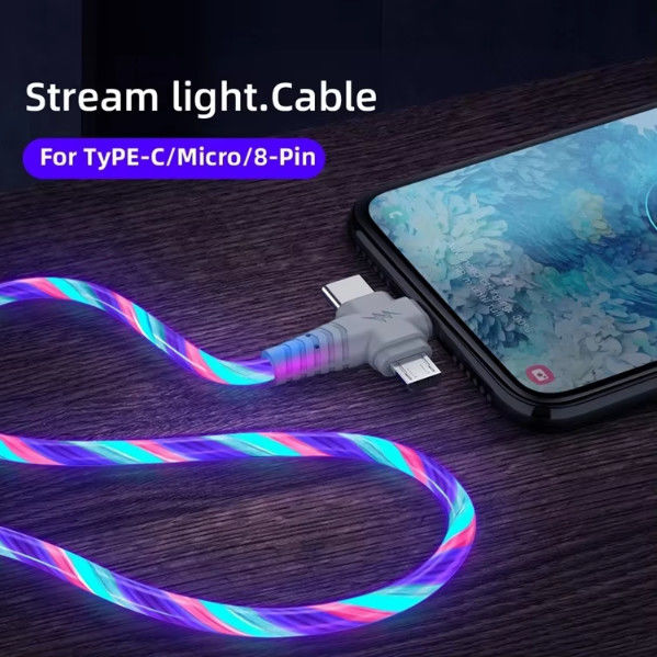 3in1 Flow Luminous Lighting Samsung için USB kablosu 3in1 2in1 LED Micro USB Tipi C 8Pin şarj cihazı iPhone için kablo Huawei Xiaomi
