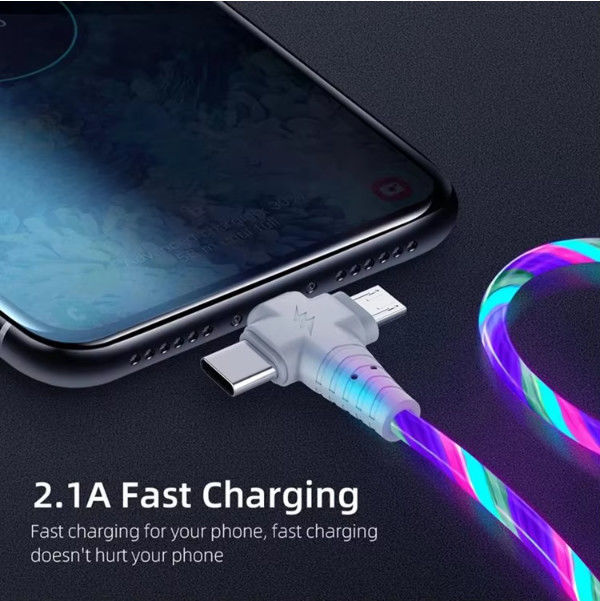 3in1 Flow Luminous Lighting Samsung için USB kablosu 3in1 2in1 LED Micro USB Tipi C 8Pin şarj cihazı iPhone için kablo Huawei Xiaomi