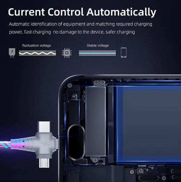 3in1 Flow Luminous Lighting Samsung için USB kablosu 3in1 2in1 LED Micro USB Tipi C 8Pin şarj cihazı iPhone için kablo Huawei Xiaomi